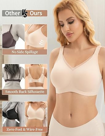 PoseFree Seamless Jelly Bra Wireless Supportive V Mesh Bra for Older Women | Full Coverage,Everyday,Buttery Soft Invisible Under Tshirt Bralettes,No Underwire,Back Smoothing,Plus Size,All-Age Comfort
