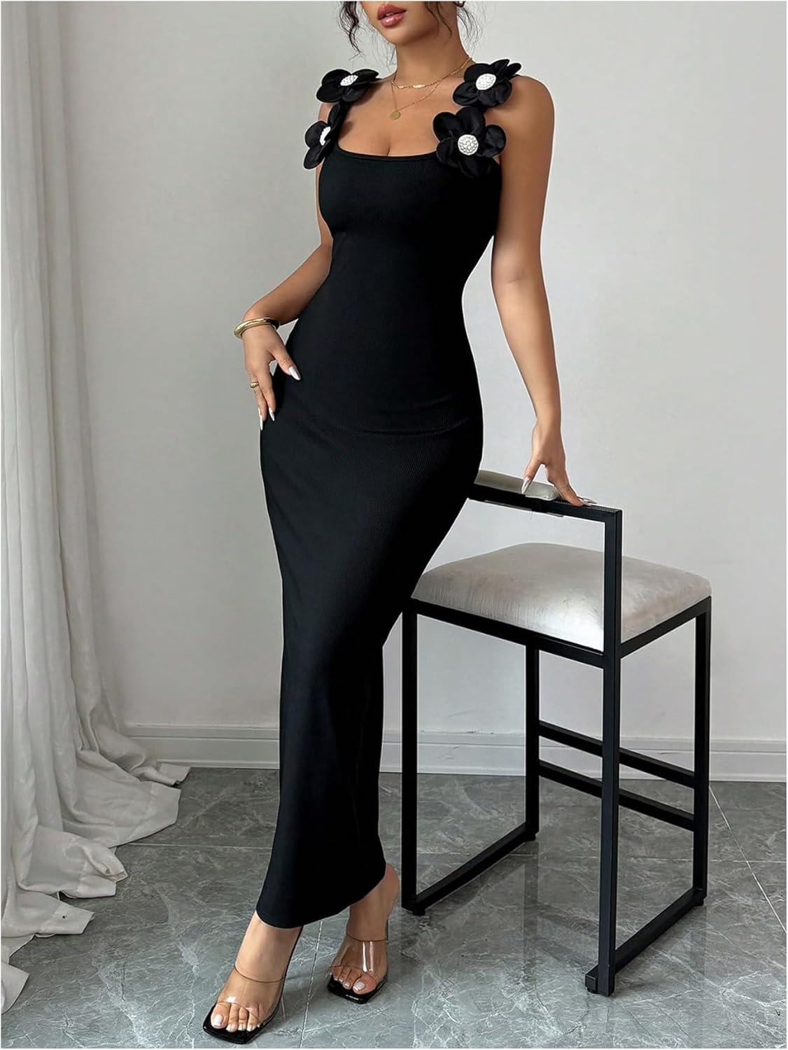 GORGLITTER Women's Formal Wedding Guest Dress Floral Pearl Maxi Dresses Sleeveless Tank Elegant Cocktail Slimming Dress - Image 5