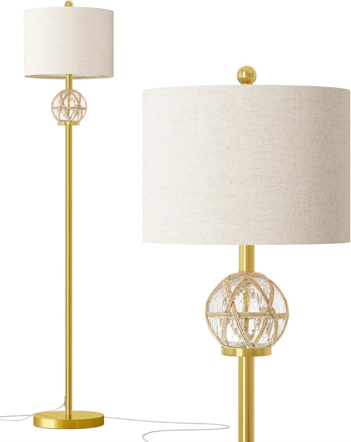 Oneach 61.5" Modern Floor Lamp for Living Room, Gold Boho Standing Lamp with Rattan Glass Design, Rotary Switch, Farmhouse Tall Lamps for Bedroom Office Dining Room (Without Bulb)