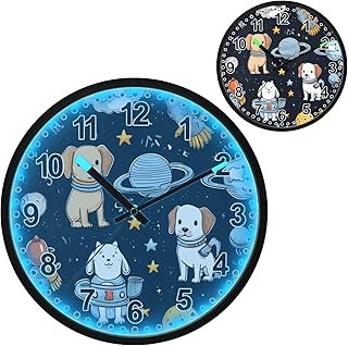 ALAZA 12 Dog Puppy Astronaut Space Lighted Wall Clock Battery Operated 12 Inch Silent Non Ticking Clock for Bedroom Office Living Room Decor