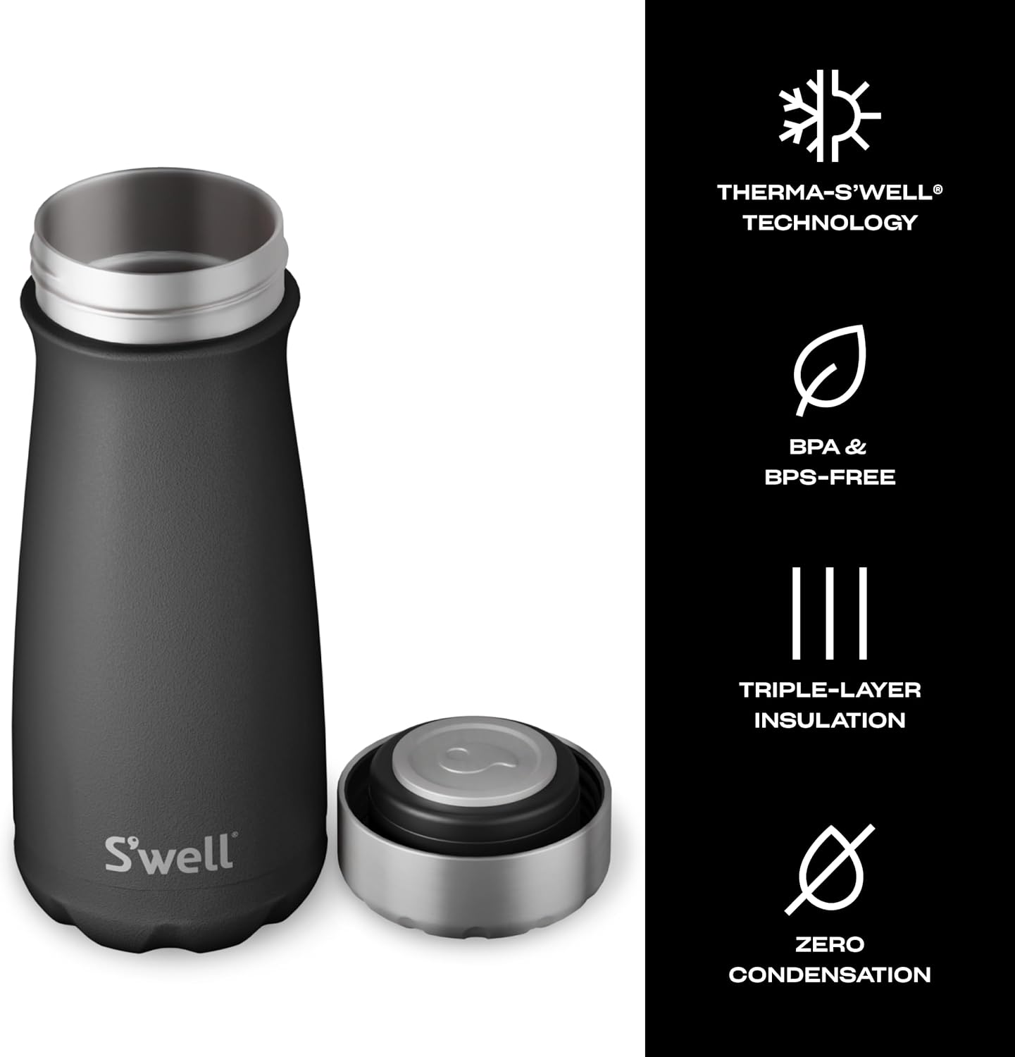 S'well Stainless Steel Traveler, 16oz, Onyx, Triple Layered Vacuum Insulated Containers Keeps Drinks Cold for 24 Hours and Hot for 12, BPA Free, Easy Carrying On the Go - Image 3