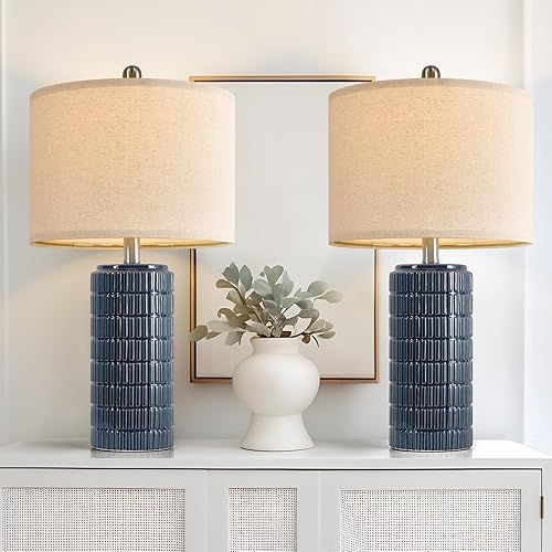 Miniatura 21 de PoKat Juego de 2 lámparas de mesa de cerámica modernas de 23 pulgadas para sala de estar, lámparas de escritorio blancas para dormitorio, mesita