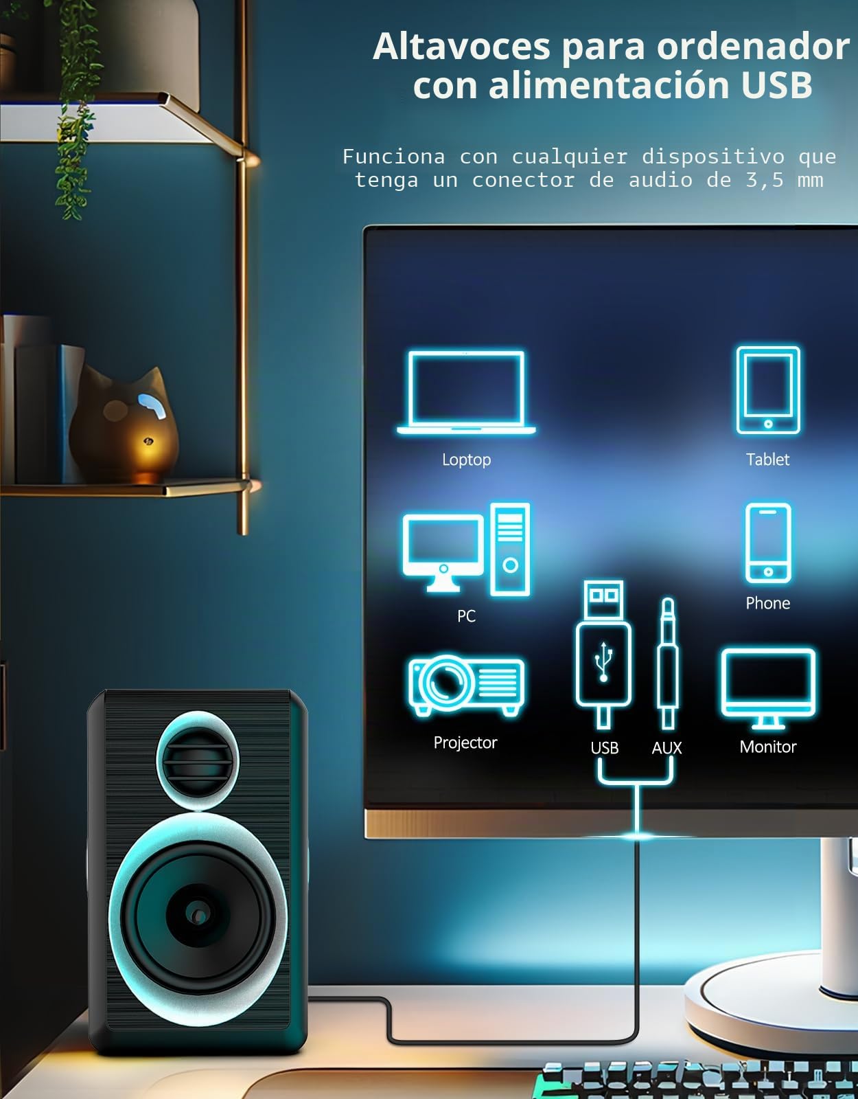 Altavoces 2.0 para PC y portátil – Sonido estéreo con Graves Profundos, conexión AUX de 3,5 mm, alimentación por USB, compatibles con Ordenadores de sobremesa y portátiles (Negro)