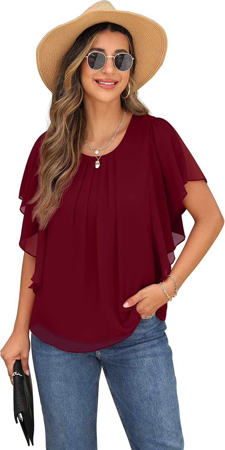 QIXING Summer Casual Loose Round Neck Chiffon Flowy Tops Blouses for Women - Image 6