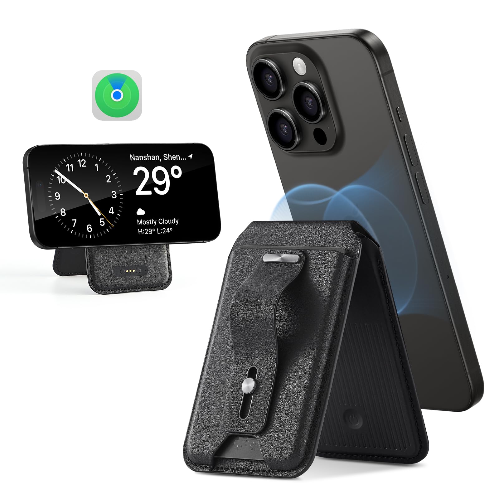 ESR for Magsafe Wallet with Full Find My Functionality, Magnetic Geo iPhone Wallet, Up to 3,000g Magnet Strength, Card-Holder with Adjustable Stand, for iPhone 16/15/14/13/12 Series, Black