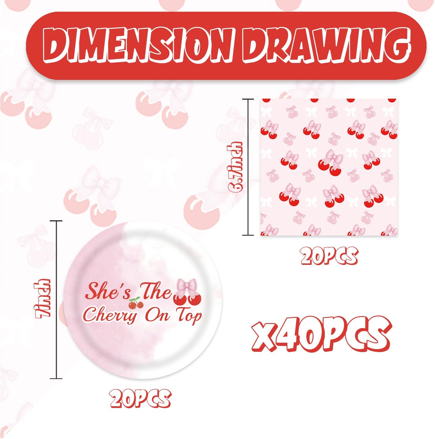 40Pcs She's the Cherry on Top Decorations Pink Bow Birthday Paper Plates and Napkins Party Supplies Baby Shower Decor for Girl Cherry Birthday Decorations image 2