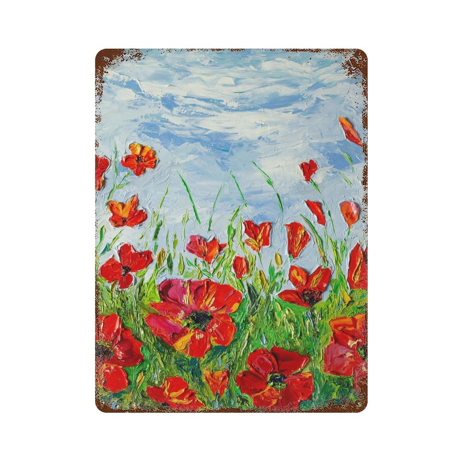 Poppies Field Distressed Metal Wall Sign 15.7"x11.8", Rustic Home Decor for Living Room, Hallway And Home Decor