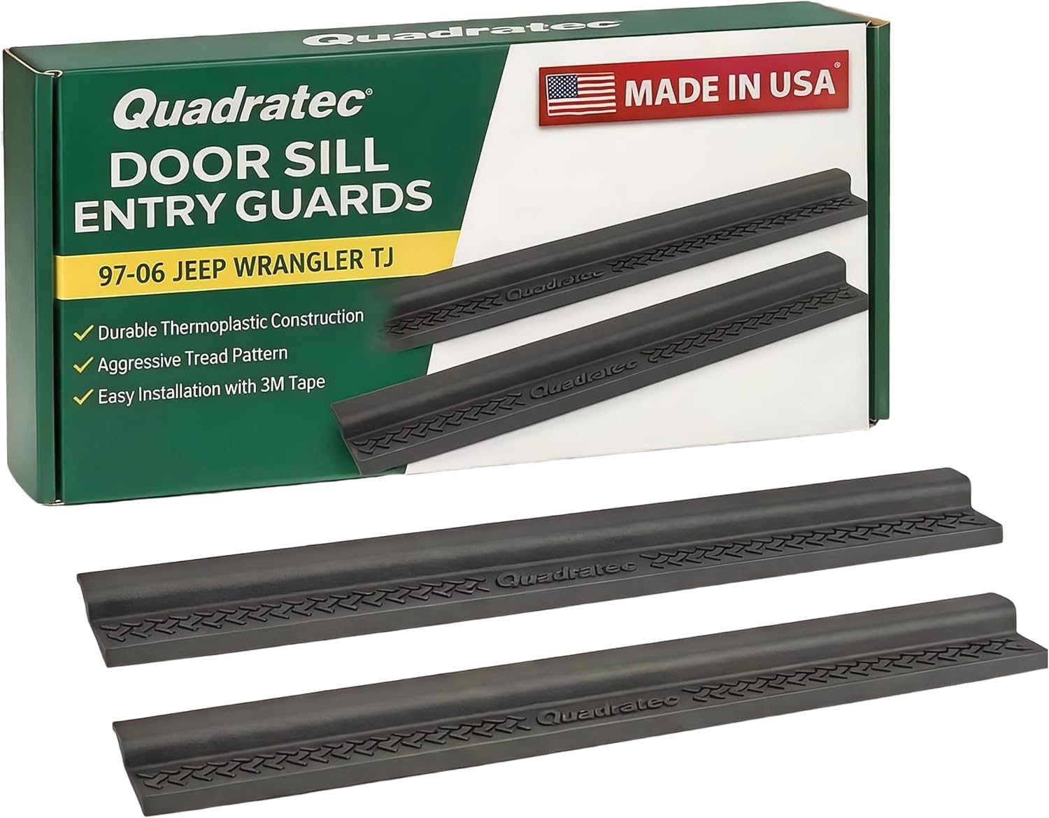 Quadratec Front Custom Fit Entry Guards - Fits Jeep Wrangler TJ 1997-2006 - High Coverage - Injection-Molded Virtually Indestructible Black TPE Material - Polygon Tread Design