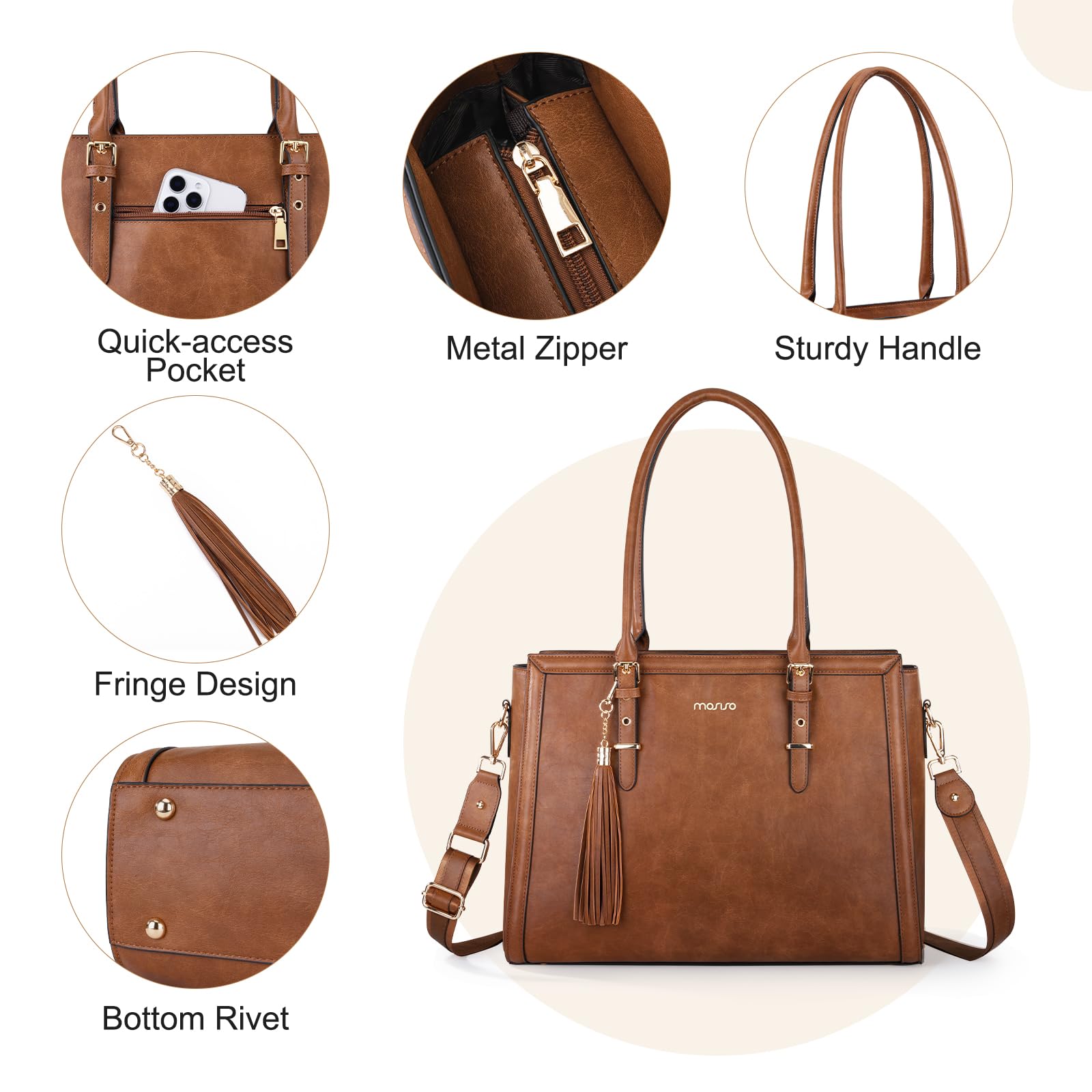 MOSISO Torba na laptopa dla kobiet, 39.6 cm Vintage PU Leather Tote Bag, brązowa
