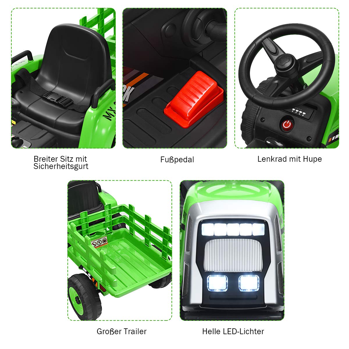 COSTWAY 12V 3-Gang Traktor mit abnehmbarem Anhänger und 2,4G Fernbedienung, Kinder Aufsitztraktor mit LED Lichtern, Musik, Hupe & USB Funktionen, geeignet für Kinder ab 3 Jahren (Grün)