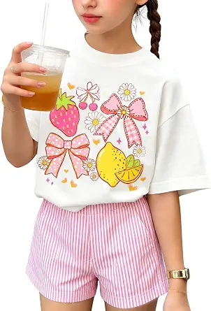 Girls Summer 2-Piece Outfits with Strawberry Lemon Shell Graphic Tee and Striped Shorts