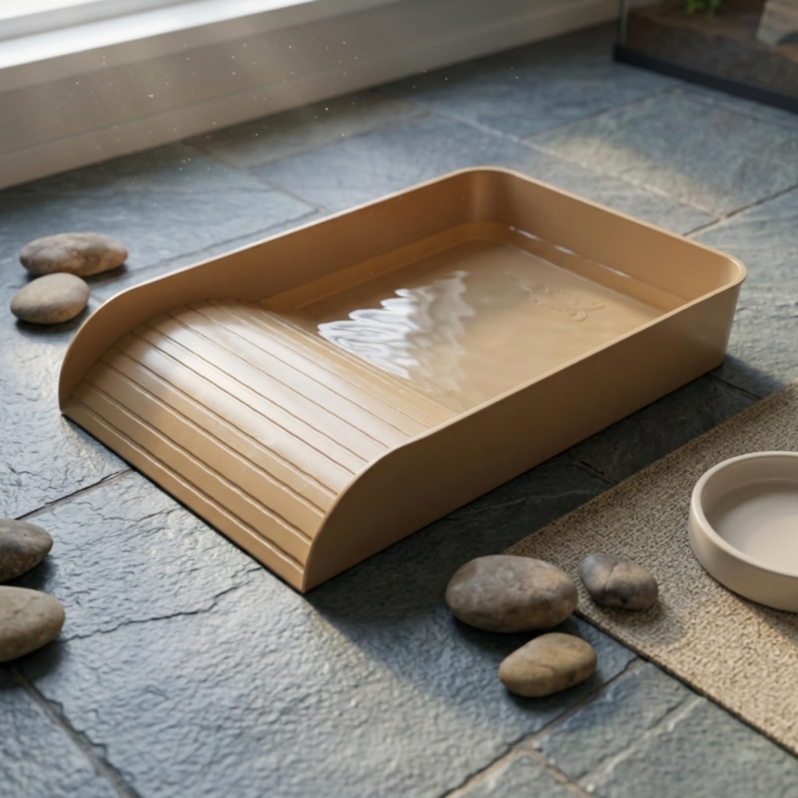 Bañera Plástico con Rampa Fácil Acceso Cuenca Baño Tortuga Compacto Plato Alimentación Reptiles con Rampa para Anfibios, con Drenaje Inferior
