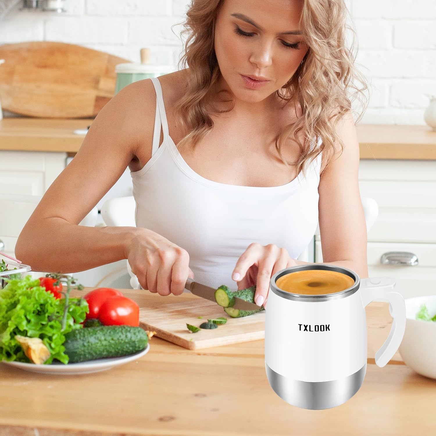 Self Stirring Mug, Rechargeable Automatic Magnetic Stirring Coffee Mug with Transparent Lid, 400ml, White, Stainless Steel Liner + Plastic Shell, Perfect for Home, Office, Gym, School - Image 7