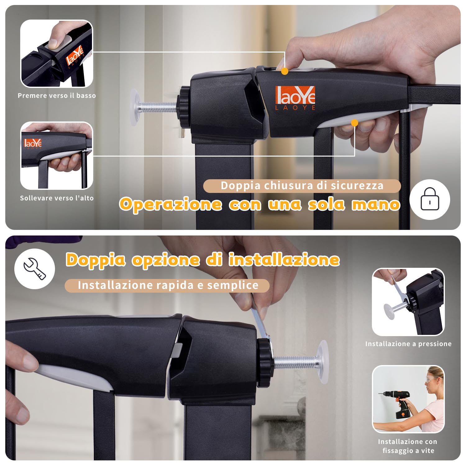 LAOYE cancelletto per bambini, Cancelletto per scale senza trapano, altezza extra alta 92 cm, larghezza 75-124 cm con 3 estensioni, per bambini, cani gatti, chiusura automatica arresto a 90°-Nero