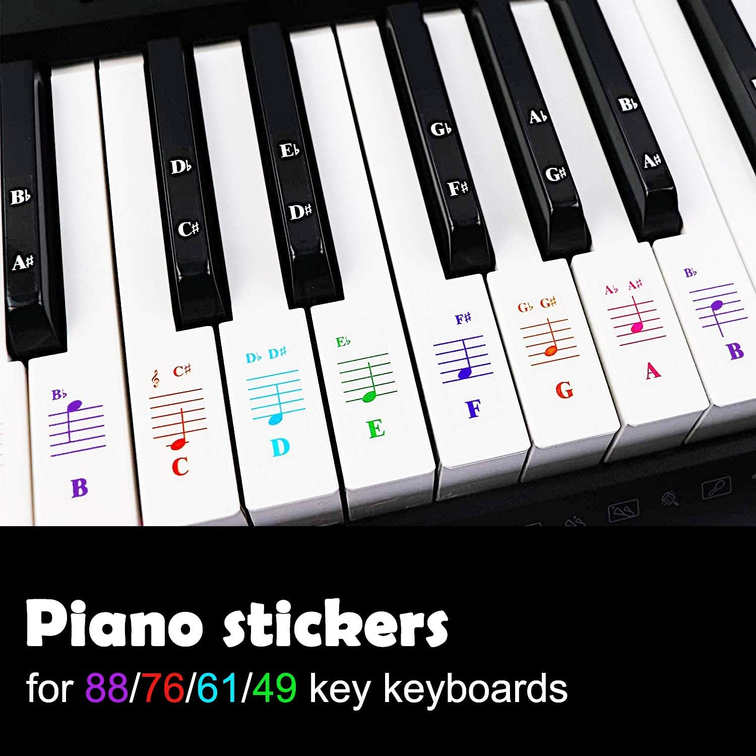 Piano Keyboard Notes Stickers 88/61/54/49/37 Keys Multi-Color,Transparent,Removable Colorful Large Bold Letter Piano Stickers Perfect for Beginners Kids Learning Piano (04_Colorful Piano Key)
