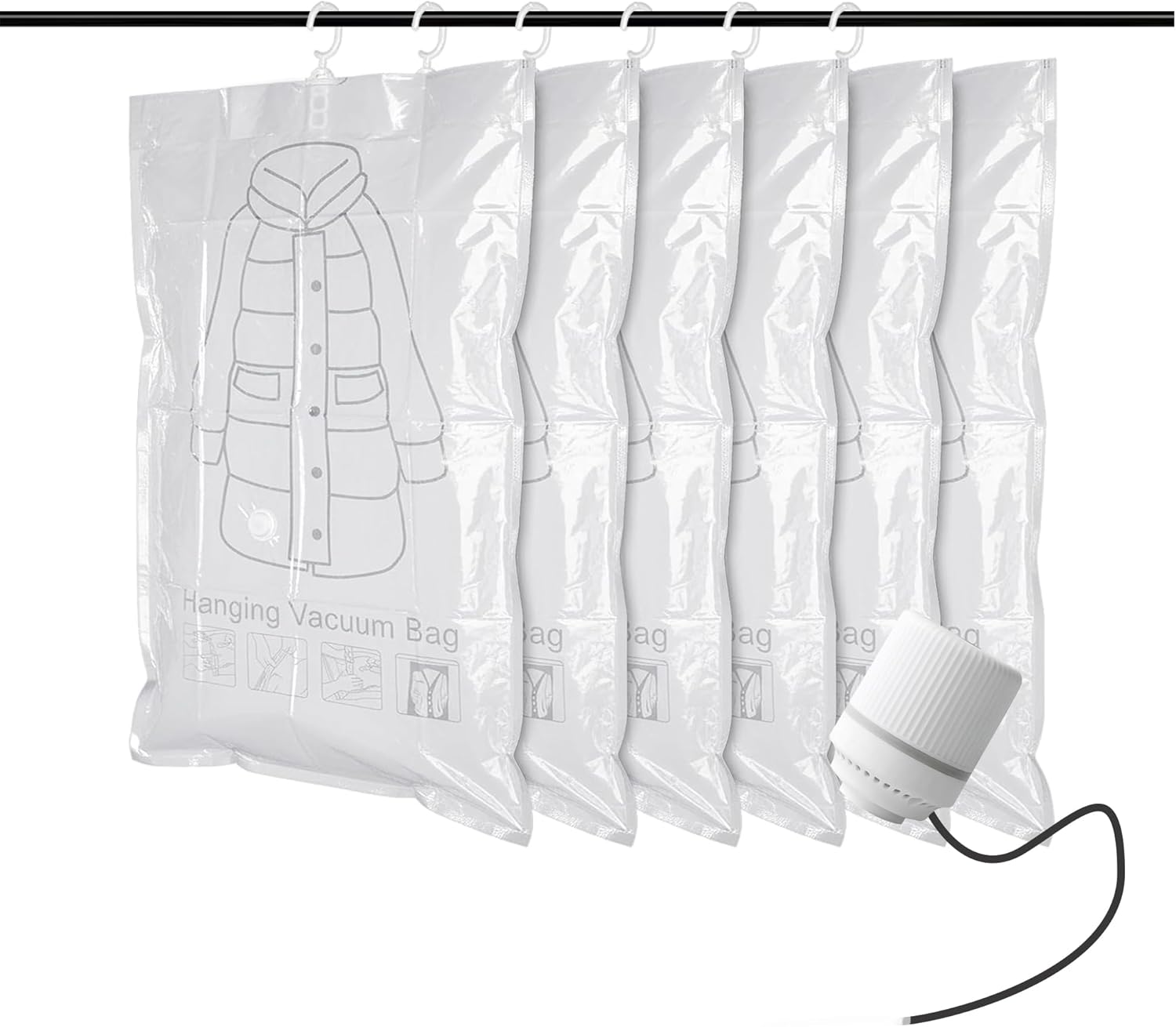 Yanhe Hanging Vacuum Storage Bags with Electric Pump, Clear, 27x43 In/70x110cm, Space Saver for Clothes, Suits, Dresses, Jackets, Coats, 6 Pack (6 Large-EPump)