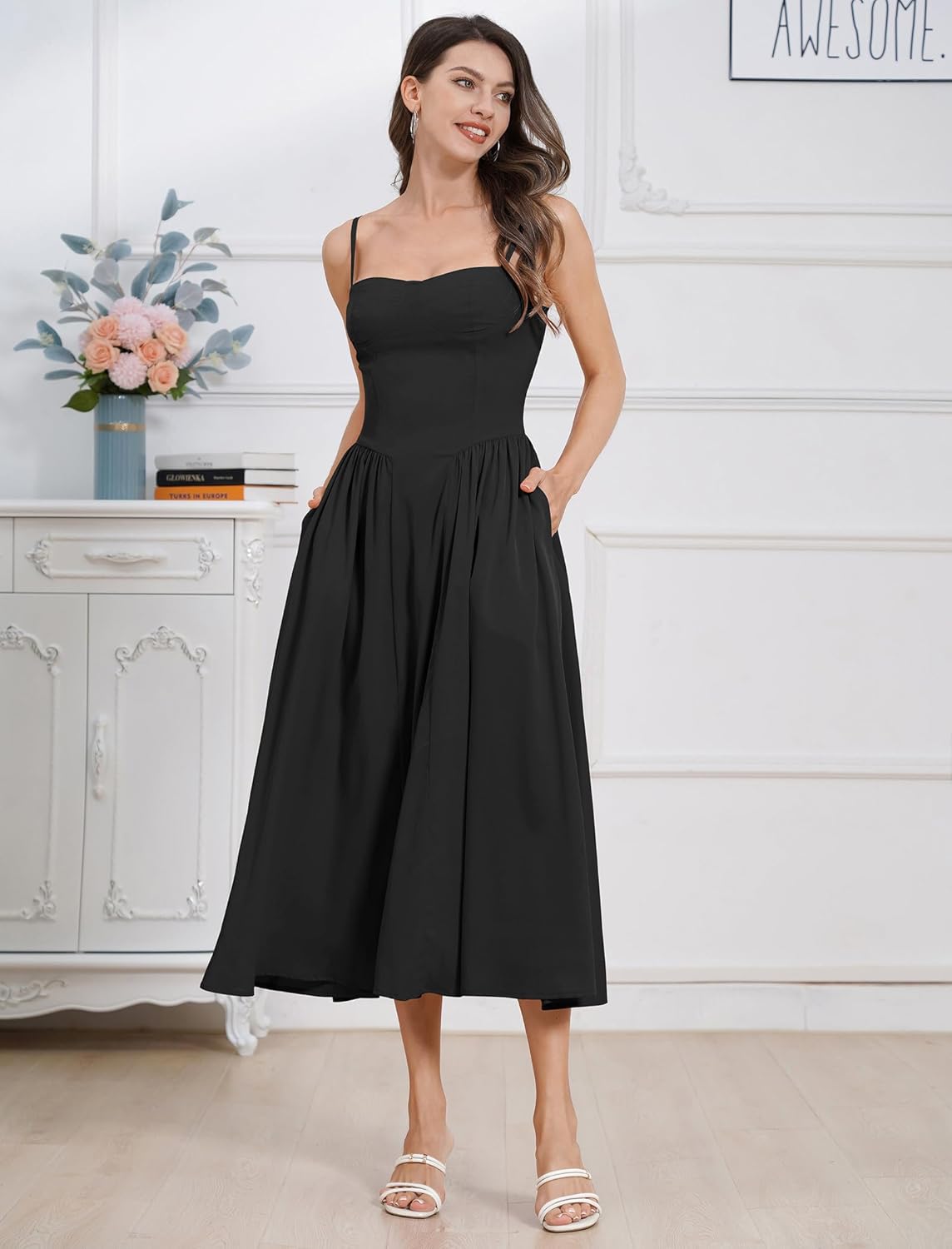 ODIZLI Womens Corset Dress Summer Sundress Spaghetti Straps Low Cut Bustier Cami Midi Dress with Pockets Solid/Floral Print - Image 2