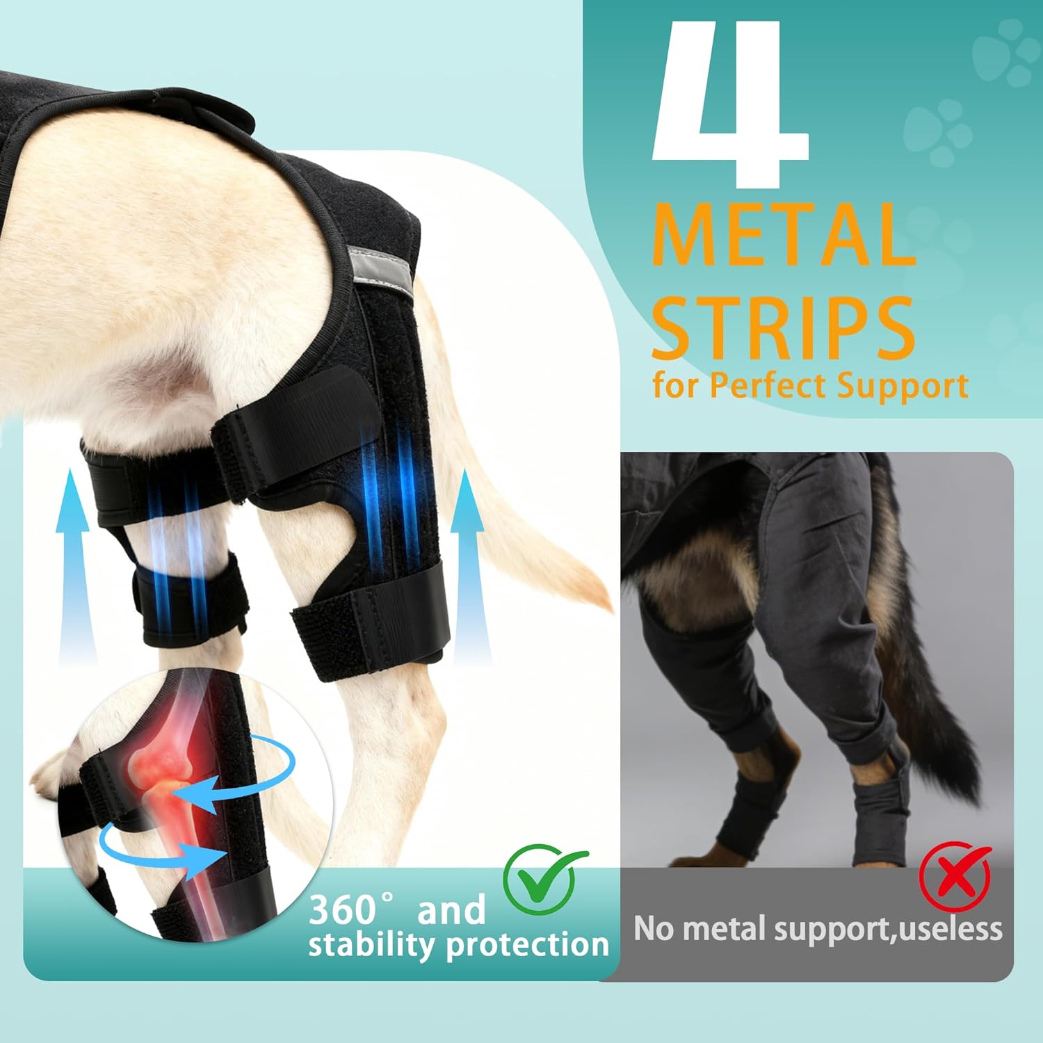 Dog Knee Braces for Torn ACL Hind Leg, Adjustable Dog Leg Braces for Back Leg with 4 Stabilizers for Luxating Patella Relieves Ligament Injury and Joint Pain