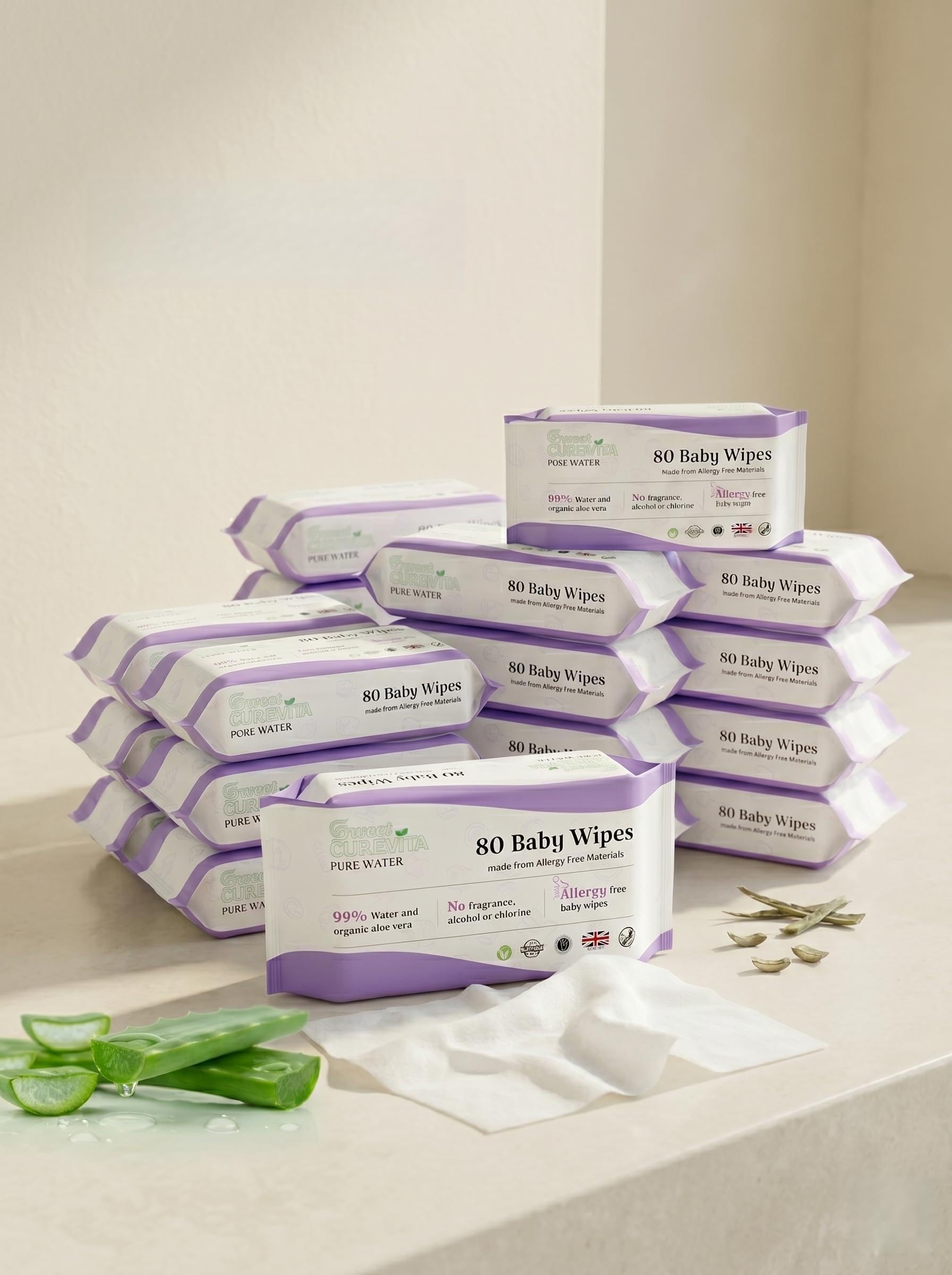 Pure Water Baby Wipes, 99% Water, Organic Aloe Vera, Fragrance-Free, Hypoallergenic (Pack of 12 (12x80PCS))