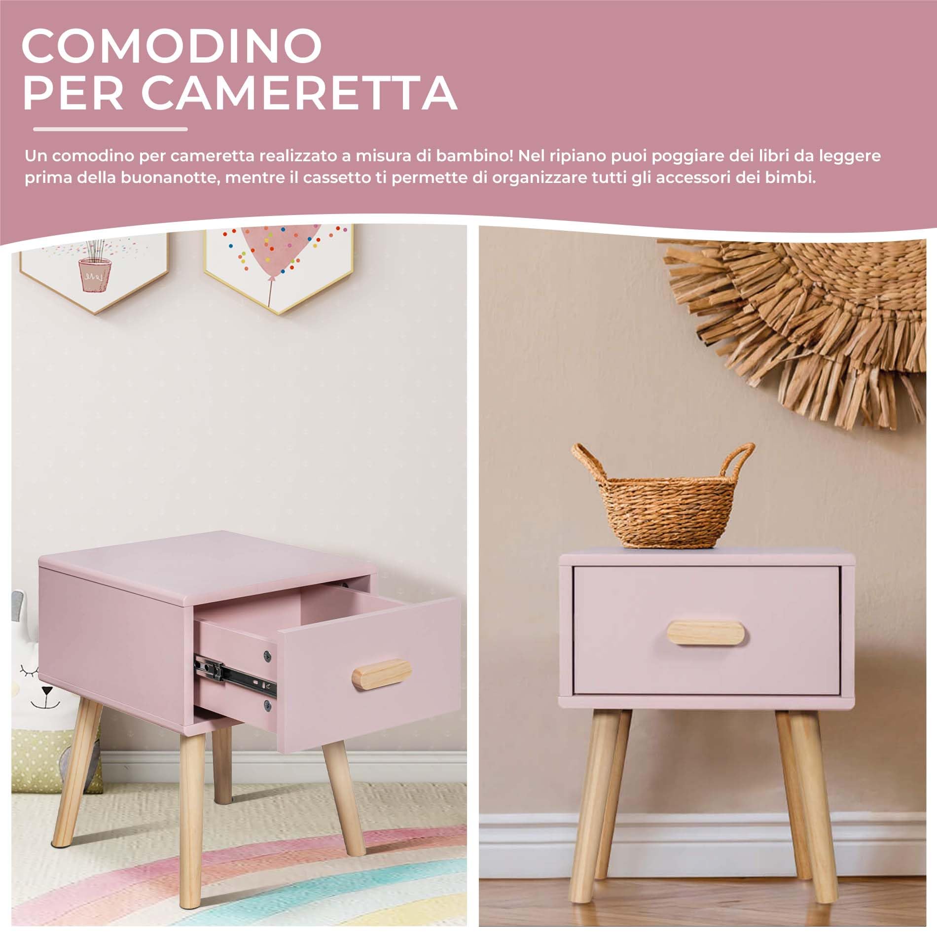 Rebecca Mobili Comodino per Bambini, Mobile per Cameretta, Rosa Marrone, MDF Pino, con 1 Cassetto con Guide, Salvaspazio - Misure HxLxP: 44 x 35 x 35 cm - Art. RE6977