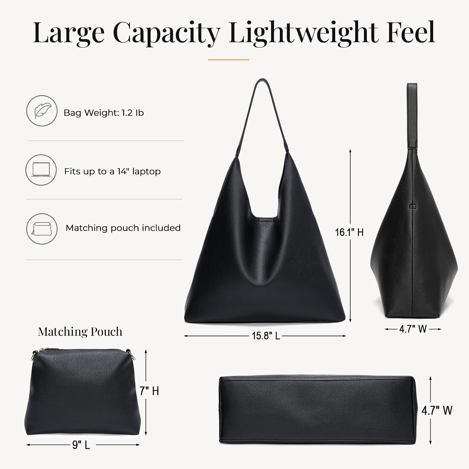Hobo Bags for Women 2 Pcs Set, Large Soft Vegan Leather Slouchy Tote Bag
