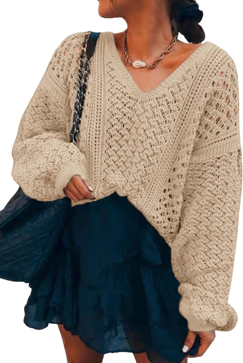 CCTOO Women's Sweaters Casual Oversized V Neck Off Shoulder Sexy Crochet Sweater Batwing Sleeve Pullover Loose Tops