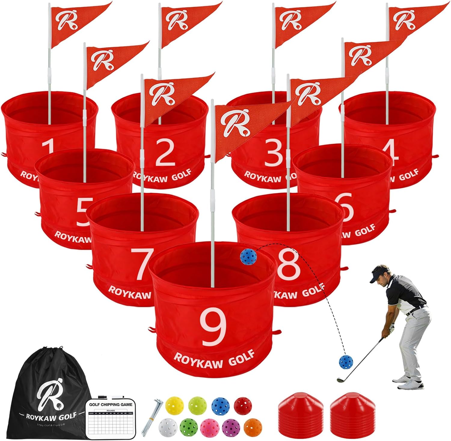 Roykaw Backyard Golf Game, 9 Holes Bucket Game with Balls, Battle Golf Game for Outdoor Beach Park & Indoor, Golf Yard Game Set for Fun, Fits Family & Friend Party (No Golf Club)