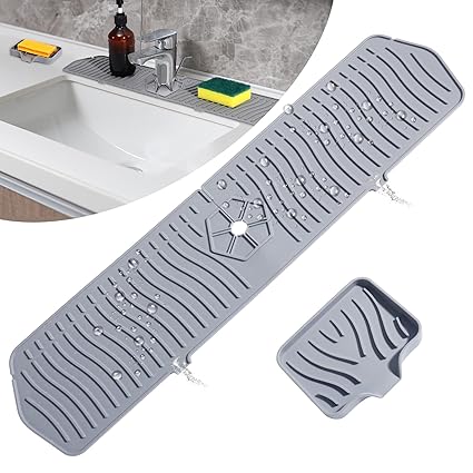 Silicone Faucet Handle Drip Catcher Tray 24 Inch Long - Sink Splash Guard Behind Faucet - Dishwasher Safe Silicone Faucet Mat with Soap Tray for Kitchen, Bathroom, Bar & RV Countertop Protector - Grey