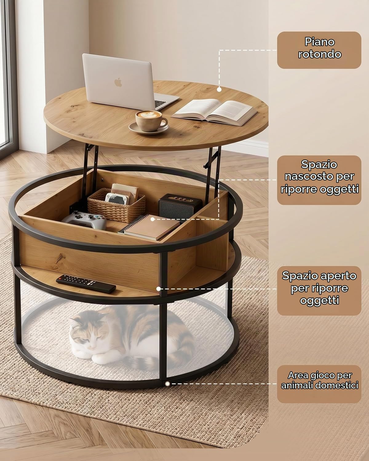 Tavolino Salotto Rotondo 80cm con Prese e USB, Tavolino Rialzabile con Luci LED e Cassetto, Tavolo da Salotto Trasformabile per Soggiorno Camera Ufficio