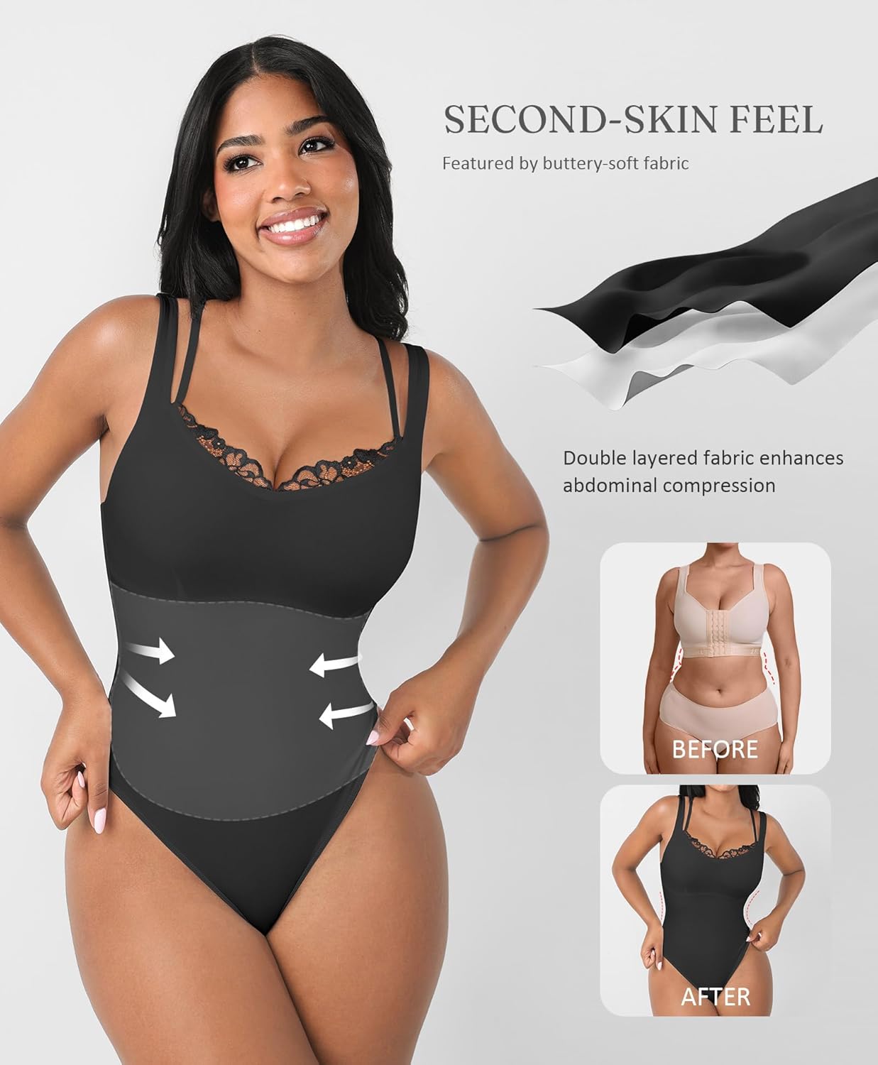 FeelinGirl V Neck Shapewear Bodysuits for Women Sleeveless Lace Body Shaper Tummy Control Thong Bodysuits for Women - Image 4