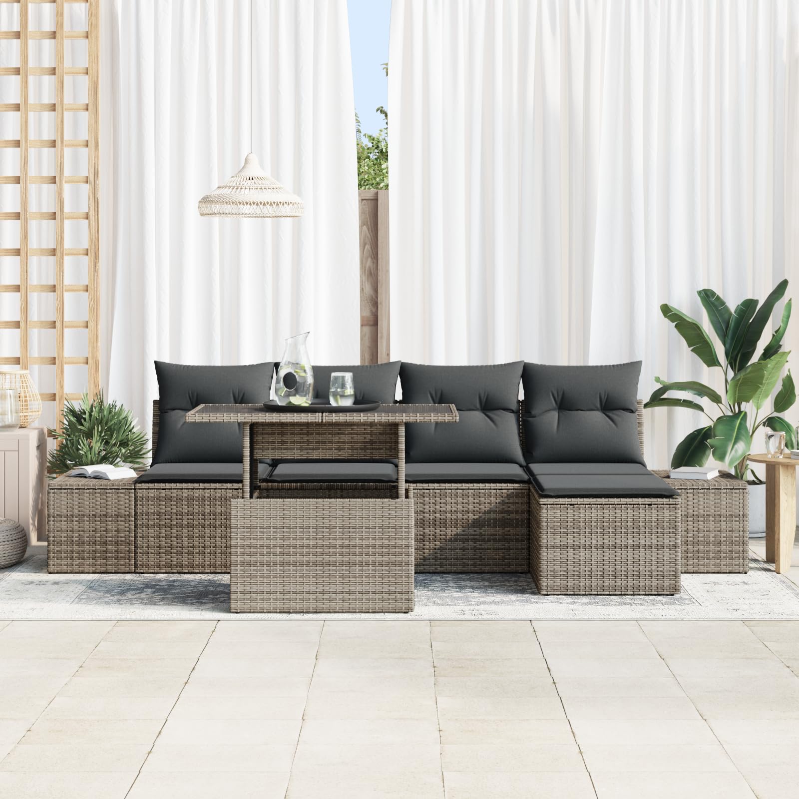 Juego de 6 sofás de jardín con cojines, color gris, polirratán, resistente a la intemperie, sofá de jardín modular