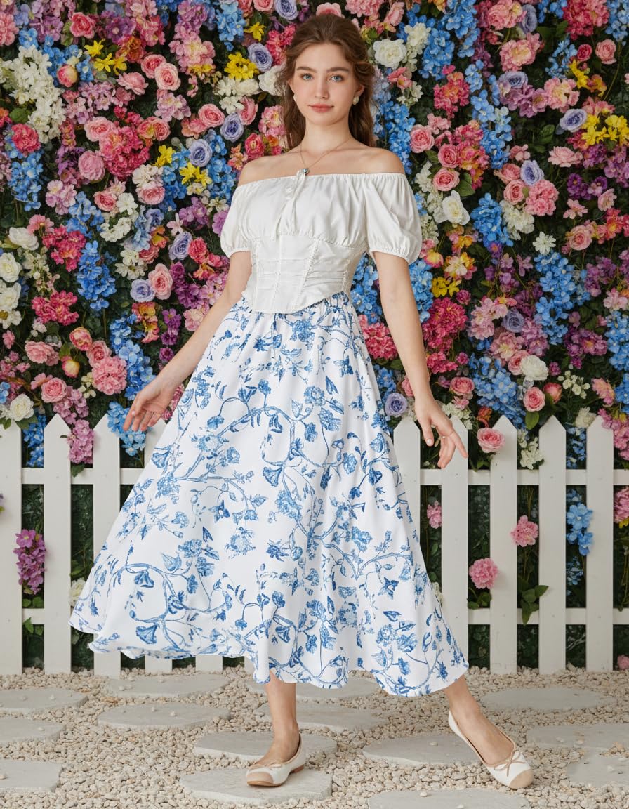 Scarlet Darkness - Renaissance - Jupe longue d'été à fleurs ample et fluide avec poches pour femme