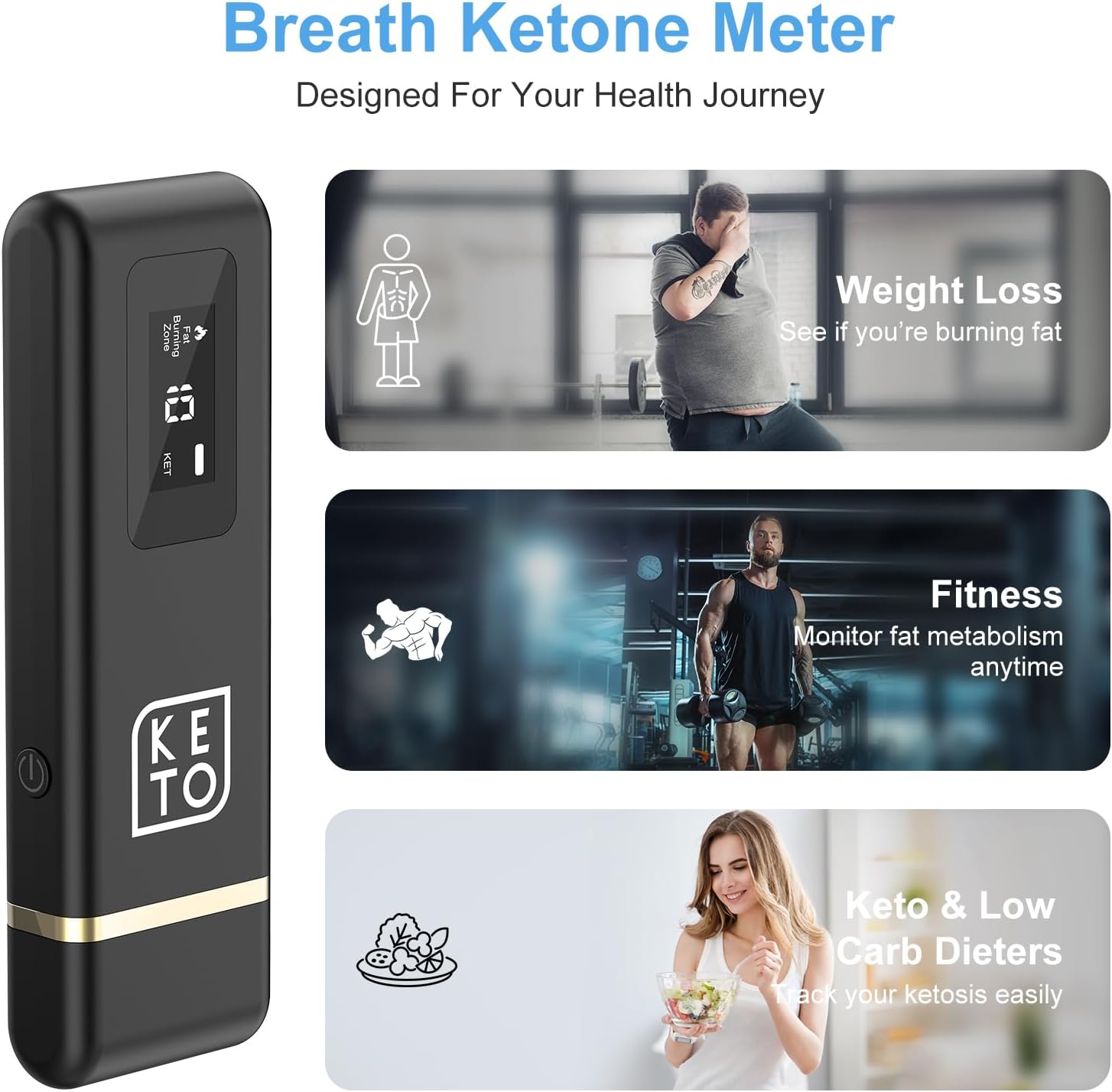 Breath Ketone Meter Rechargeable Ketone Breath Analyzer & Ketosis Meter, Professional Portable Ketosis Breath Tester for Home Keto Tracking