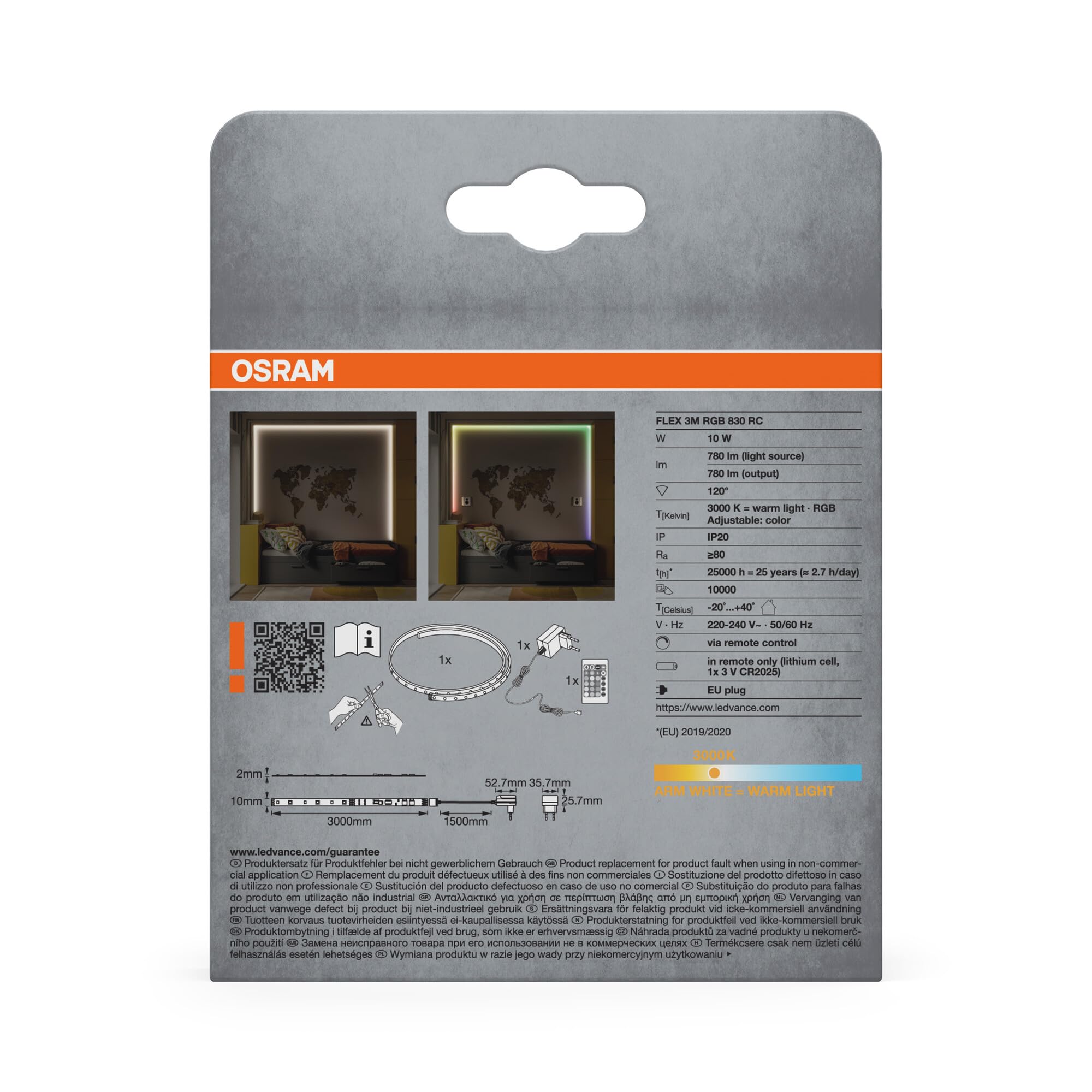 OSRAM Taśma LED FLEX 3M RC, biała, 9W, 600lm, ciepłe białe światło, zintegrowany odbiornik dźwięku, czujnik koloru RGB, pilot, długa żywotność, łatwy montaż, stopień ochrony IP20