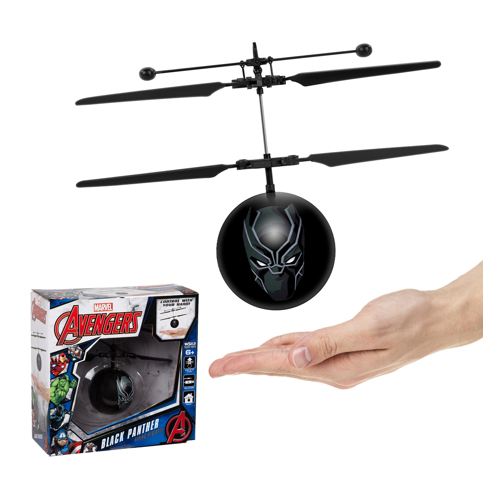 World Tech Toys Marvel Black Panther Flying Toy – Motion Sensing Flying Ball with USB Charging - Marvel Licensed - Indoor/Outdoor Drone for Kids Ages 6+