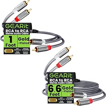 كابل GEARIT RCA 1FT حزمة كابل RCA 6.6FT، 2RCA ذكر إلى 2RCA ذكر ستيريو صوت مضفر محمي للمسرح المنزلي، HDTV، مكبرات الصوت، أنظمة Hi-Fi، صوت السيارة، مكبرات الصوت