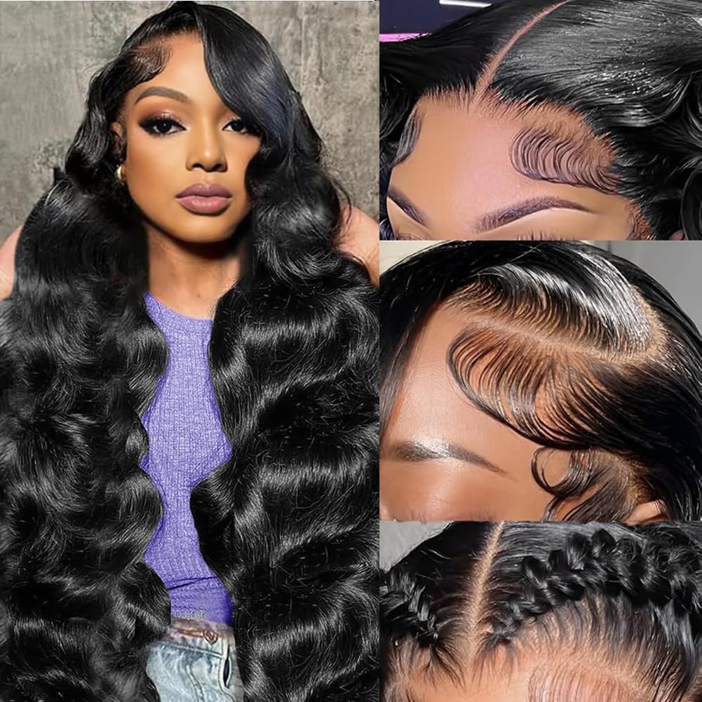 32 Inch 13x6 Lace Front Wigs Human Hair Pre Plucked 200% Density Body Wave Lace Front Glueless Wig human hair with Baby Hair for Women Natural Black