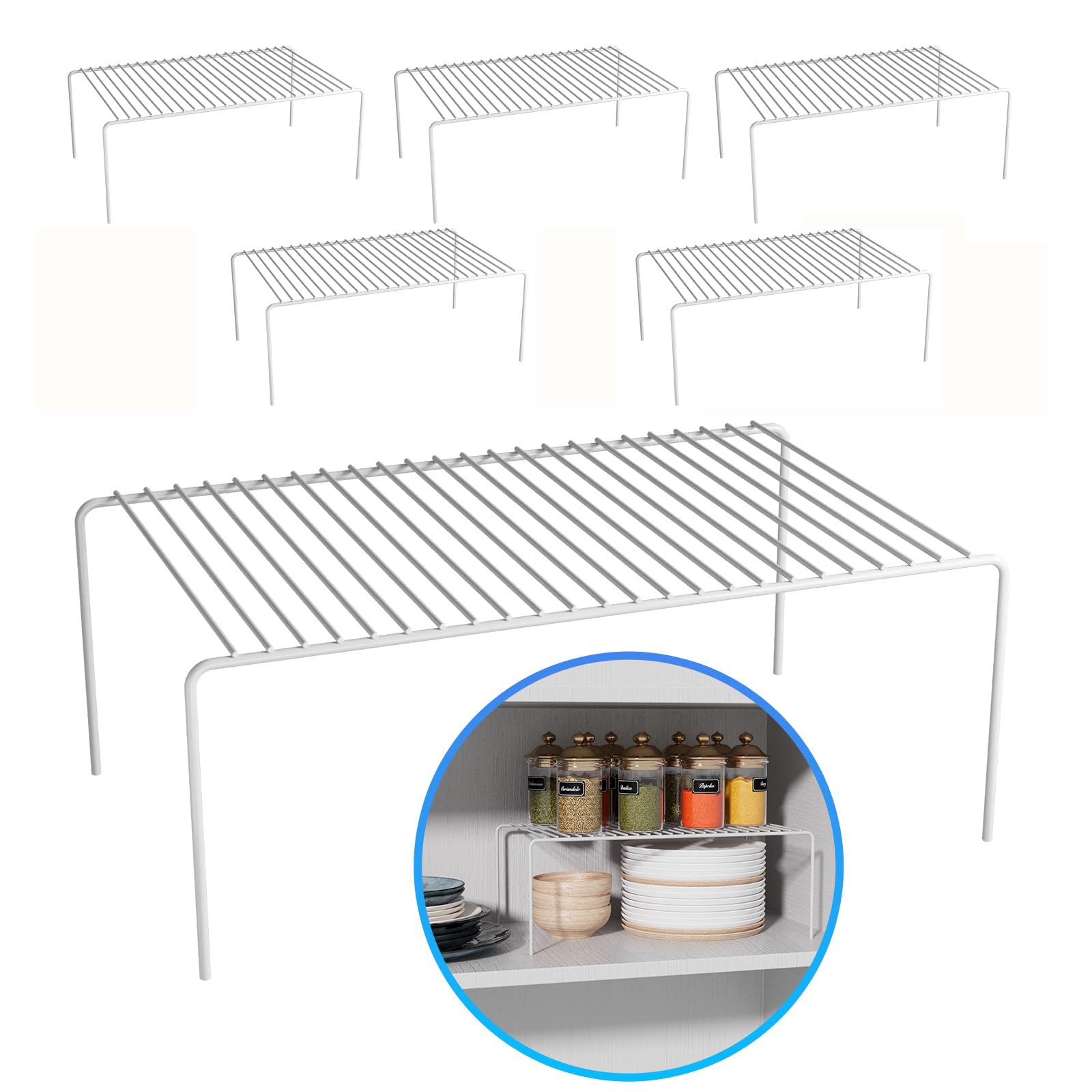 Juego de 6 estantes de almacenamiento grandes (15.7 x 9.4 pulgadas), color blanco, alambre de metal inoxidable, organizadores y almacenamiento, organización de especias para gabinete, plato,