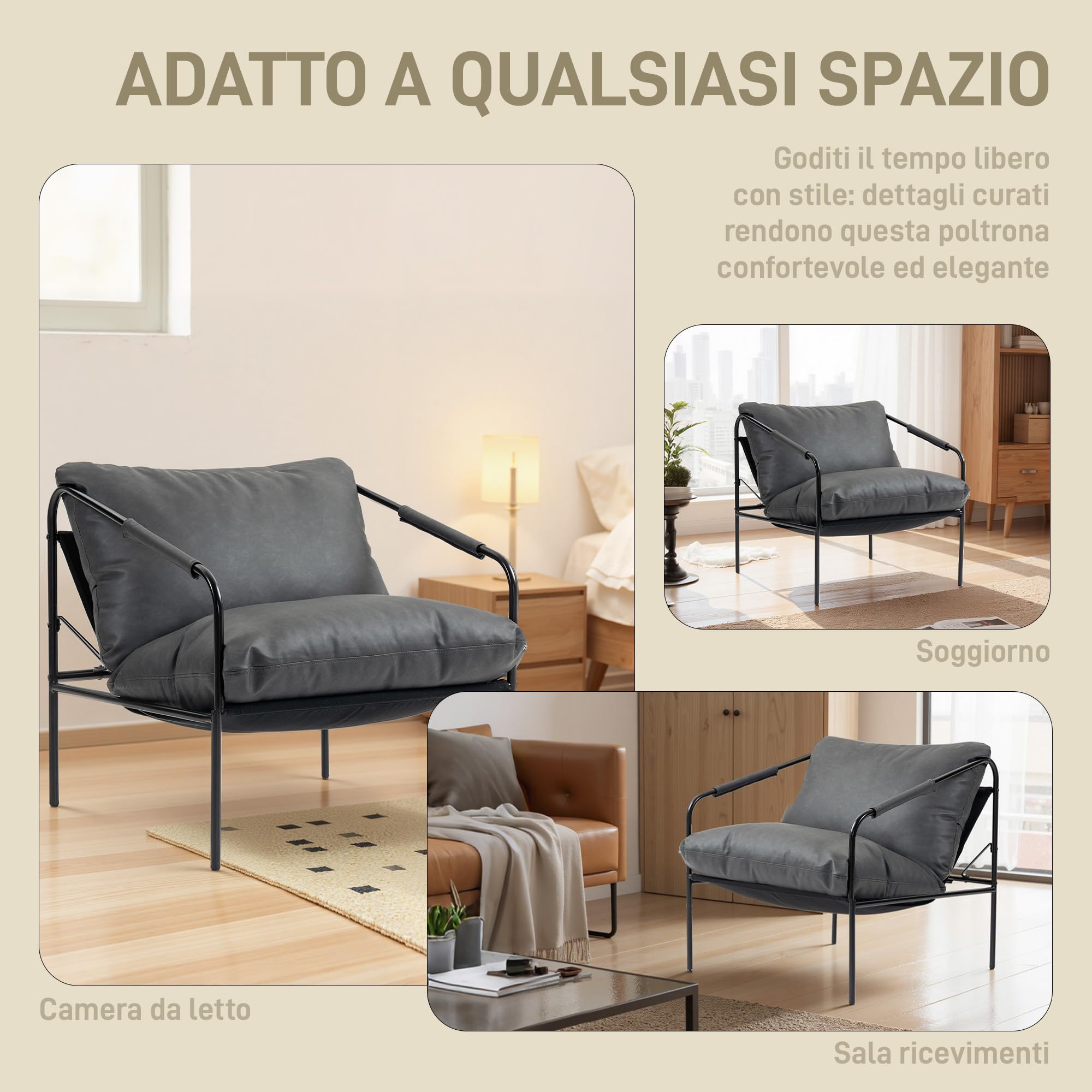 HOMCOM Poltrona da Salotto Imbottita Moderna, Poltroncina Camera da Letto con Cuscini Rimovibile, Braccioli e Telaio in Metallo, Poltrona Relax in Pelle PU per Soggiorno, 74.5x75x77 cm, Grigio Carbone