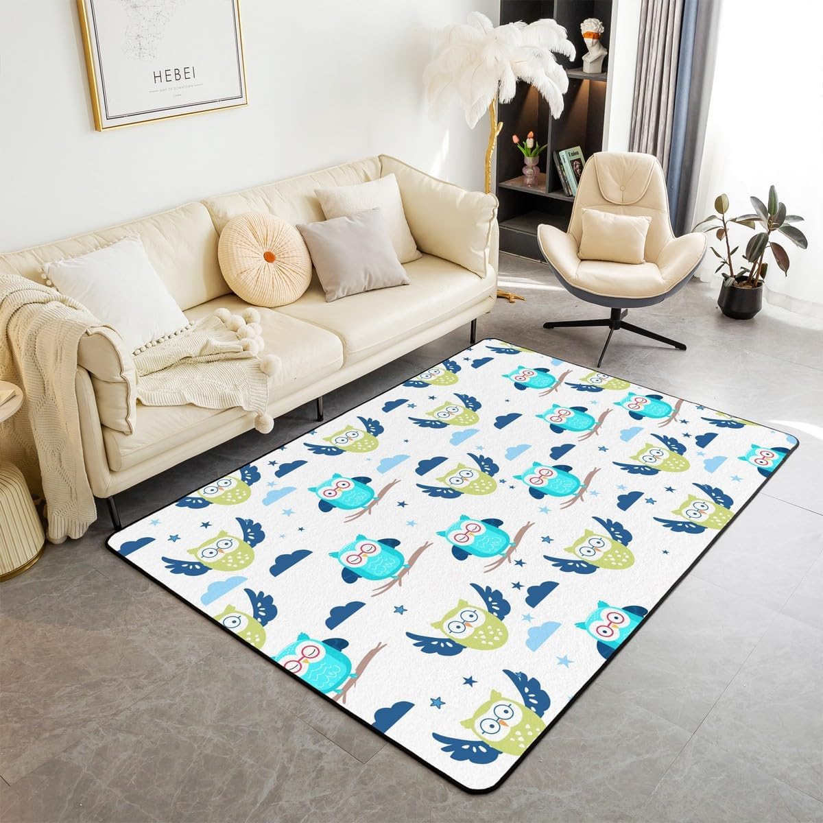 Cartoon Owl Area Rug 100cm X 150cm X 1cm Cute Birds Wild Animal Decor Non Shedding Rug for Kids Boys Girls Blue Stars Clouds Graffiti Hippie Non Slip Rug for Bedroom Couch RV