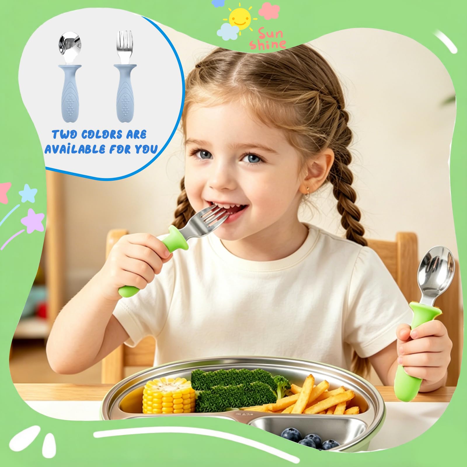 Lot de 2 Coffrets Repas Bébé, 2 Assiettes Acier Inoxydable avec Ventouse Silicone, 2 Fourchettes + 2 Cuillères – Vaisselle Antidérapante Enfant, Sans BPA, Favorise l’Autonomie Alimentaire