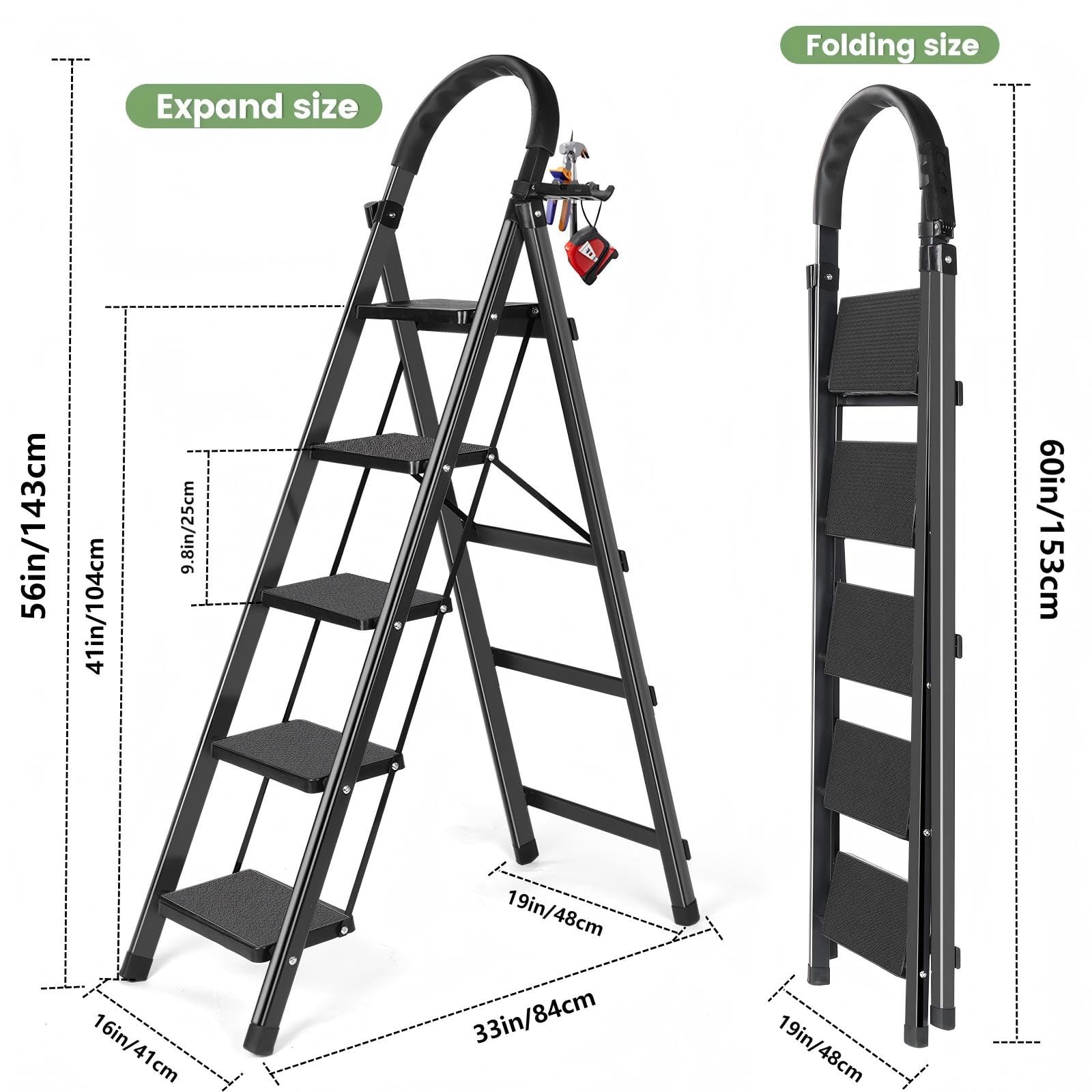 Scala a 5 gradini, scale per la casa, pedali antiscivolo, sgabello pieghevole in alluminio, leggero da spostare, facile da riporre, portatile, per armadio, cucina, biblioteca, supporta 136 kg (nero