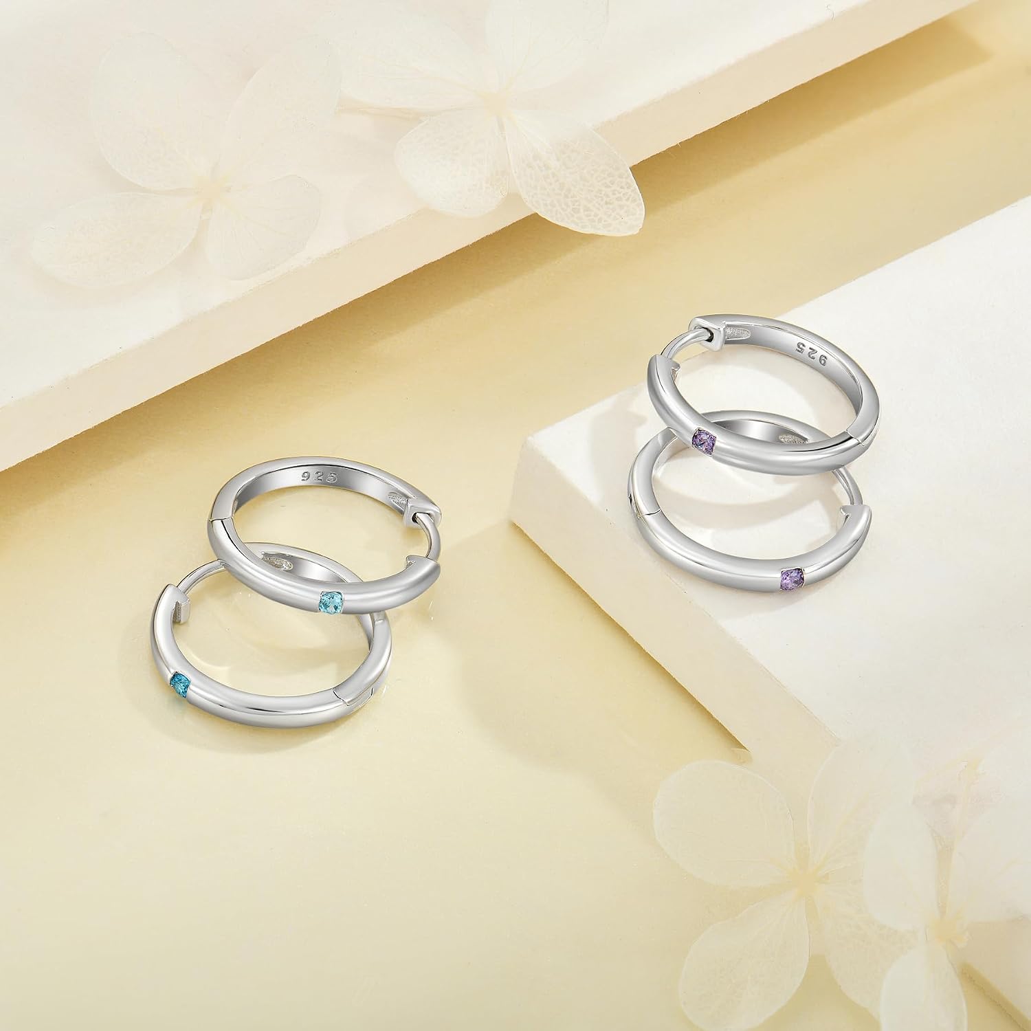 Hoop Earrings for Women 925 Sterling Silver Solitaire Huggie Earrings Polished Birthstone Jewelry for Women