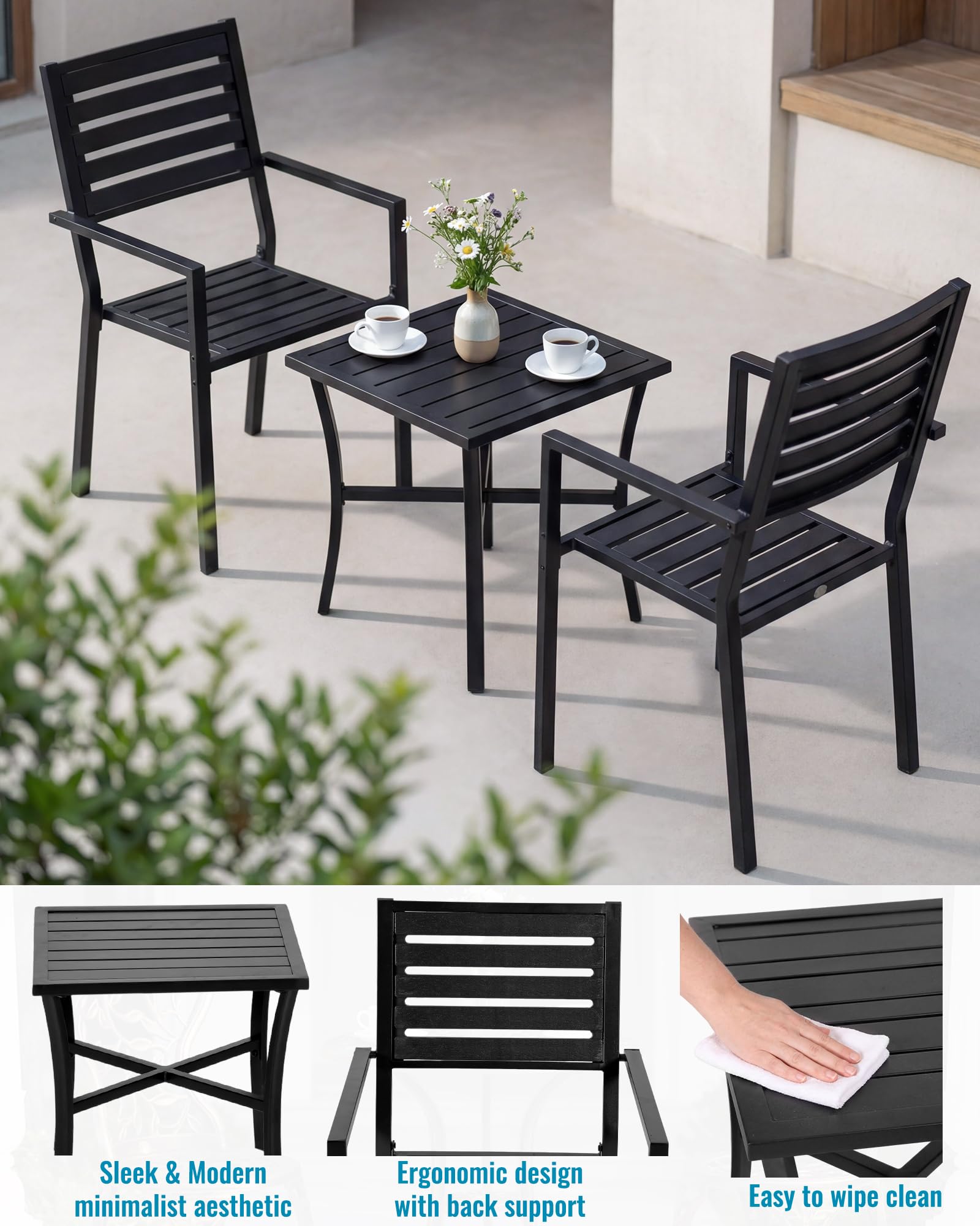 Set di mobili da giardino da 3 pezzi, resistente alle intemperie, in alluminio pressofuso e piastra in plastica, gruppo di sedute per esterni, con 1 tavolo da giardino e 2 sedie da balcone
