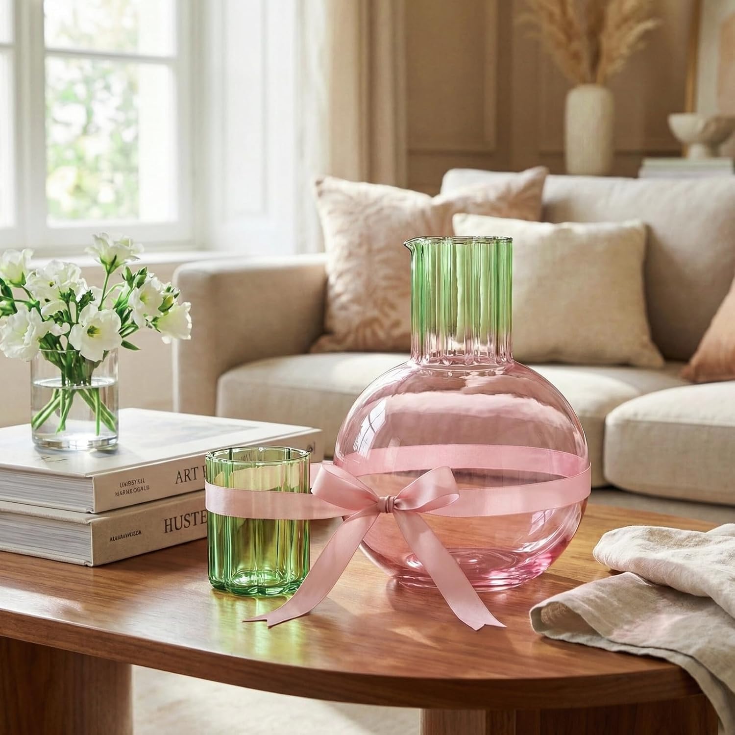 Cute Wave Flower Glass Carafe Bedside Water Pitcher & Cup Set - 44oz Handblown Round Pink Cherry Pitcher with 6.8oz Glass Green Flower Tumbler - Aesthetic Unique Fruit Glassware for Juice Wine & Water