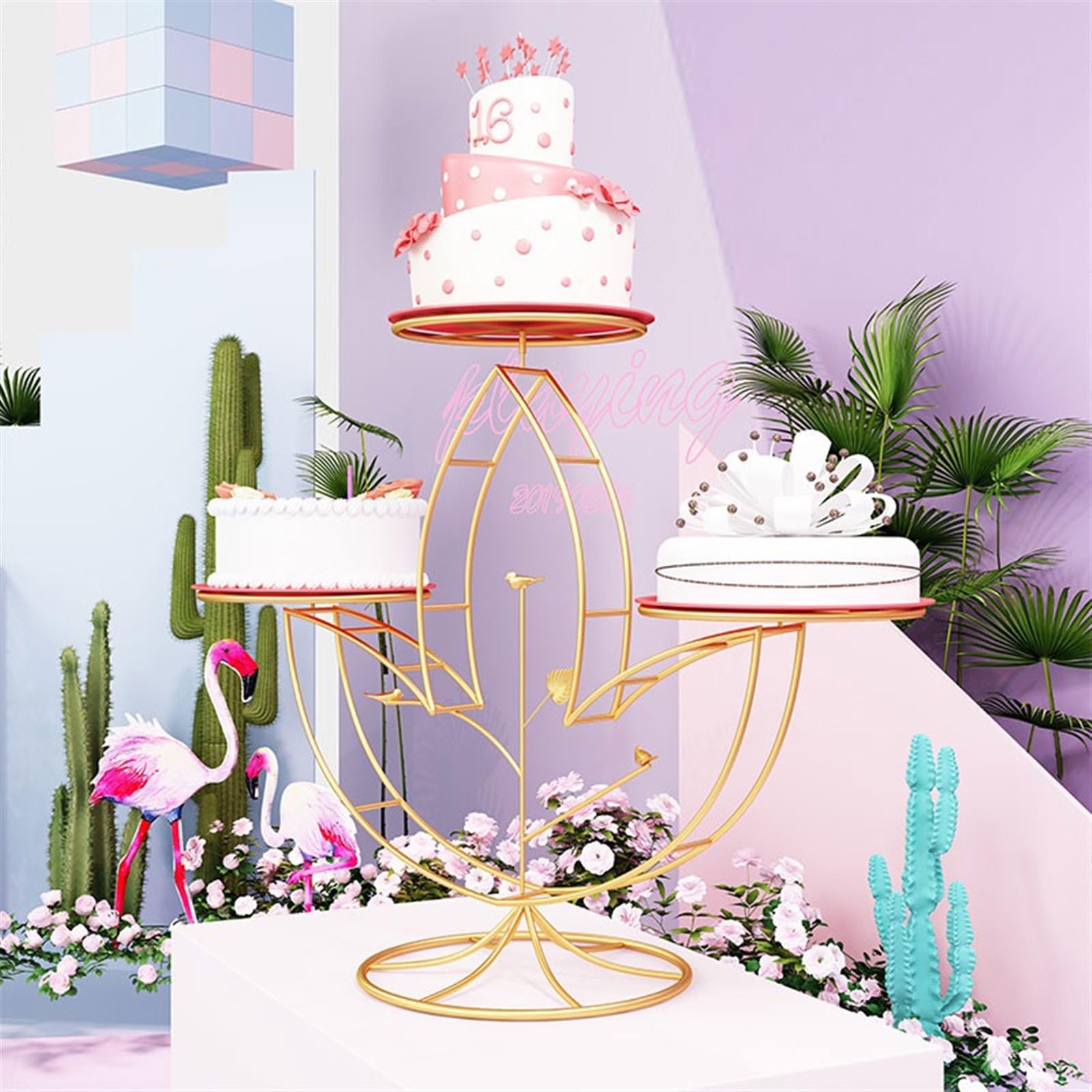 Soporte de Torta Soporte de Pastel de Hierro Ligero y Creativo, Estante de exhibición de Postre de Tres Capas, Conjunto de decoración for Banquete y Fiesta de Boda Porta Pasteles(Gold)