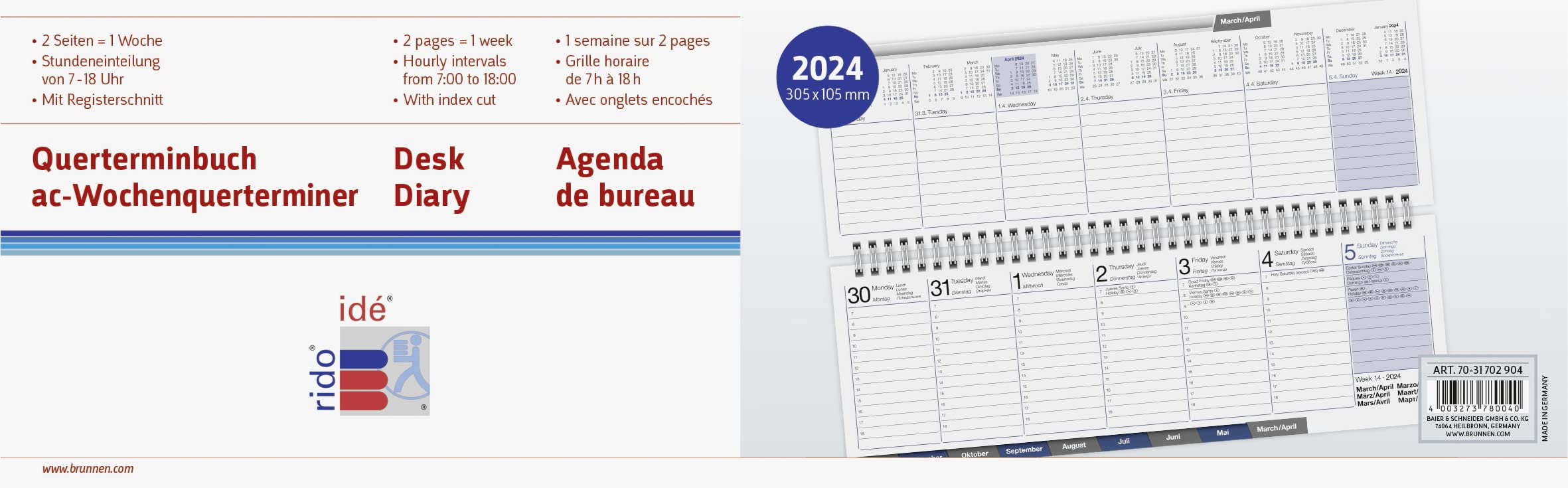 rido/idé Weekly calendar model ac-weekly calendar 2024, 2 pages = 1 week, sheet size 30.7 x 10.5 cm, black - Image 2
