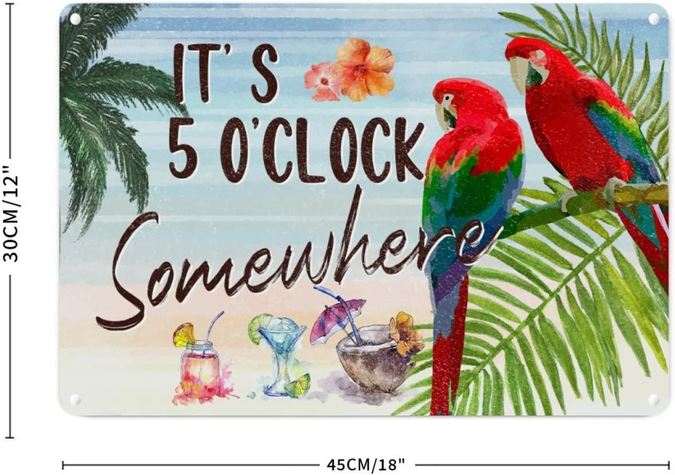 It's Five O'Clock Somewhere Wine Parrot Metal Signs Beach Decor Parrot Toucan Floral Retro Vintage Tin Metal Sign Hawaii Beach Bird Men Cave Signs for Front Porch Outdoor Bedroom 12x18in