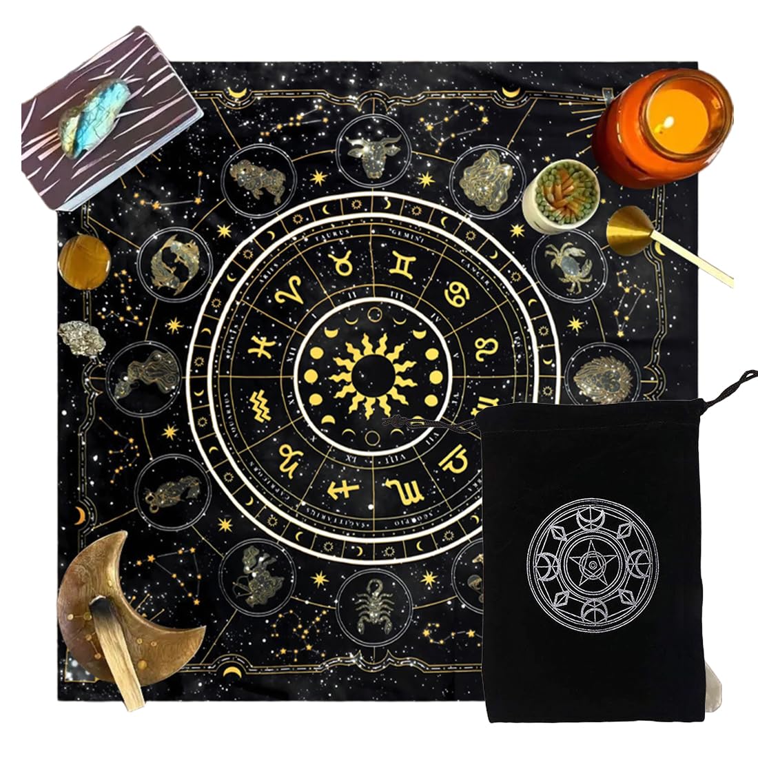 Tappeto Divinatorio e Sacchetto - Tovaglia per Carte Oracoli e Tarocchi - Panno d'Altare per Praticare Cartomanzia e Pendolino Esoterico(75 * 75cm)(una tovaglia + una borsa)