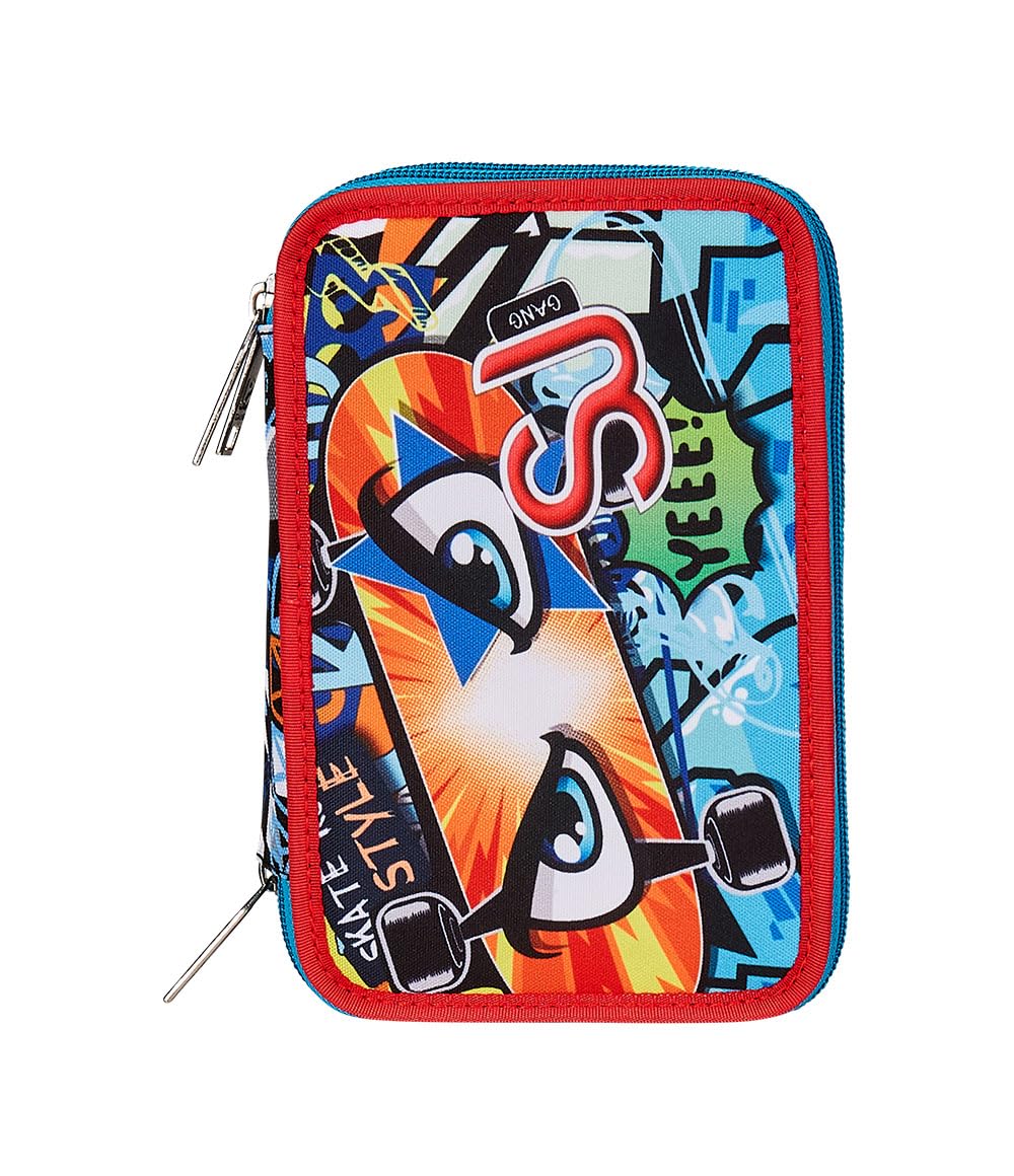 SJ Gang Astuccio Scuola 3 Zip, Blu,Facce Da SJ, Portapenne Triplo Scomparto Completo Di Penne, Matite, Colori, Accessori Zaino, Elementari, Medie, Bambino